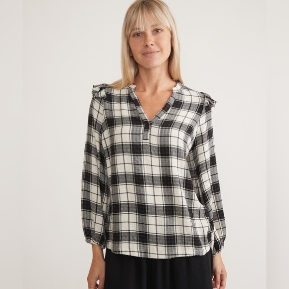Marine Layer Tops - Marine Layer Jamie Gingham Ruffle Top XS black & white plaid gingham long sleeve